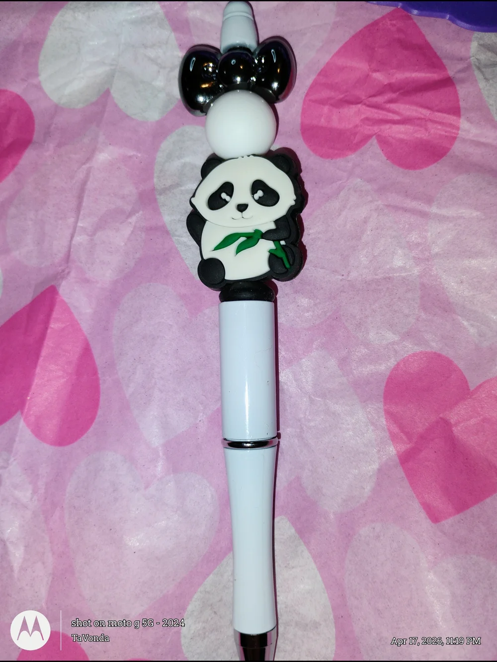 🌷White Panda Topper Ballpoint Pen with Green Accent - Cute Desk Accessory - Picture 2 of 3